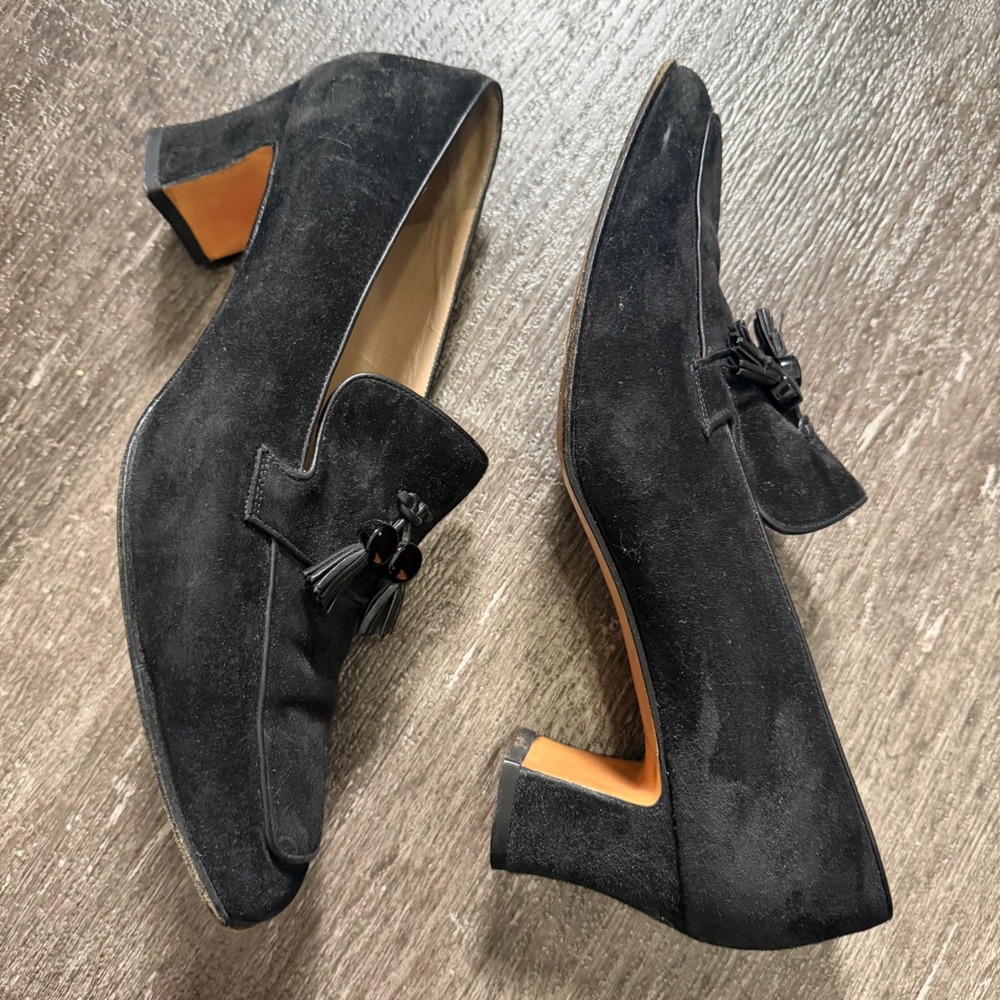 Salvatore Ferragamo Loafer Pump Women 9 Black Suede Tassel Square Toe Block Heel - Picture 4 of 8